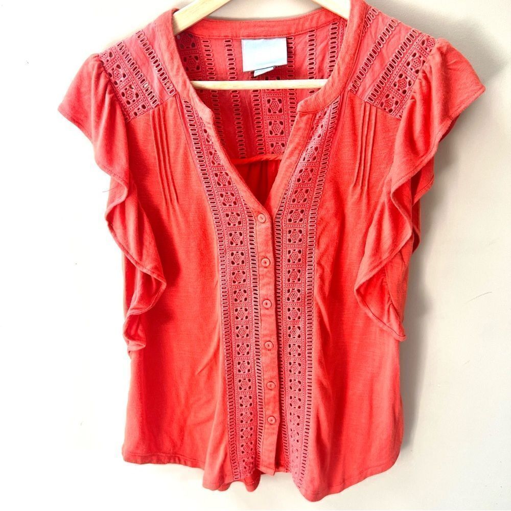 Maeve orange flutter sleeve top with lace size XS